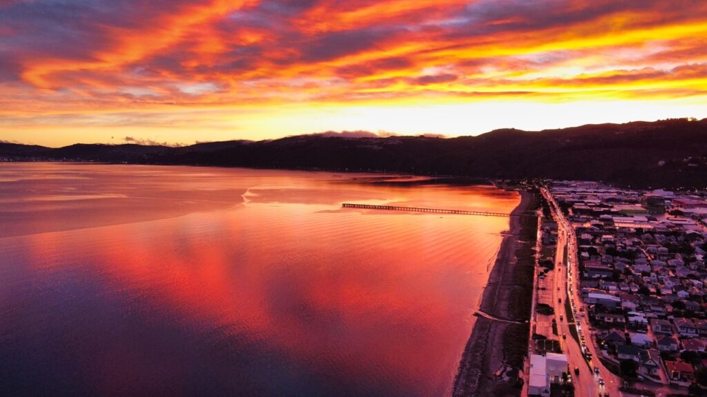 Drone photograph of the sunset over Petone Foreshore